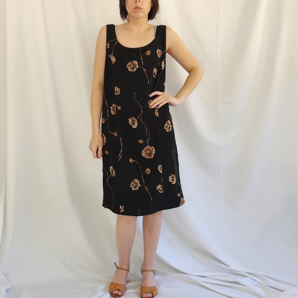 90s/Y2K Black and Tan Floral Dress